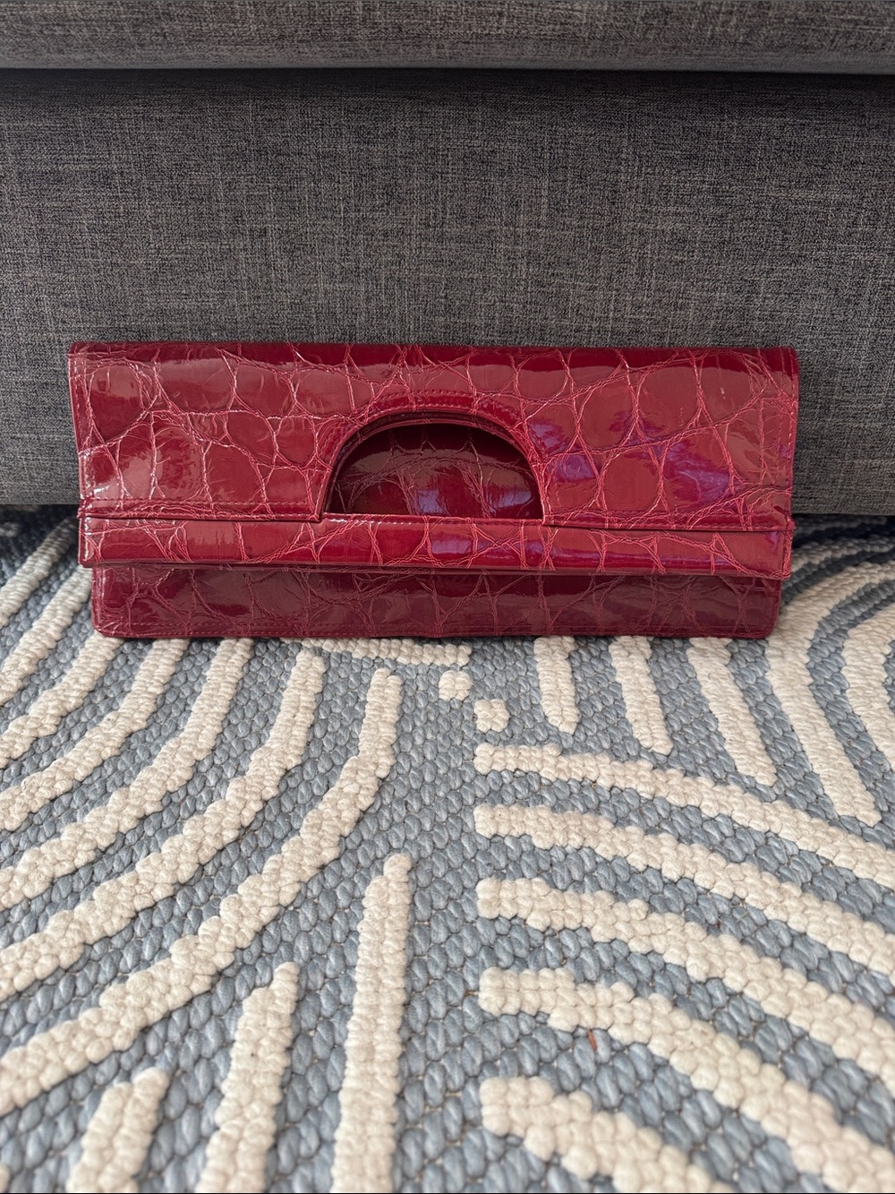 Burgundy Croc Embossed Faux Leather Foldover Clutch Handbag